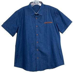 Coofandy Mens Denim-Look Button Down Shirt L Blue Short Sleeve Plaid Trim Casual